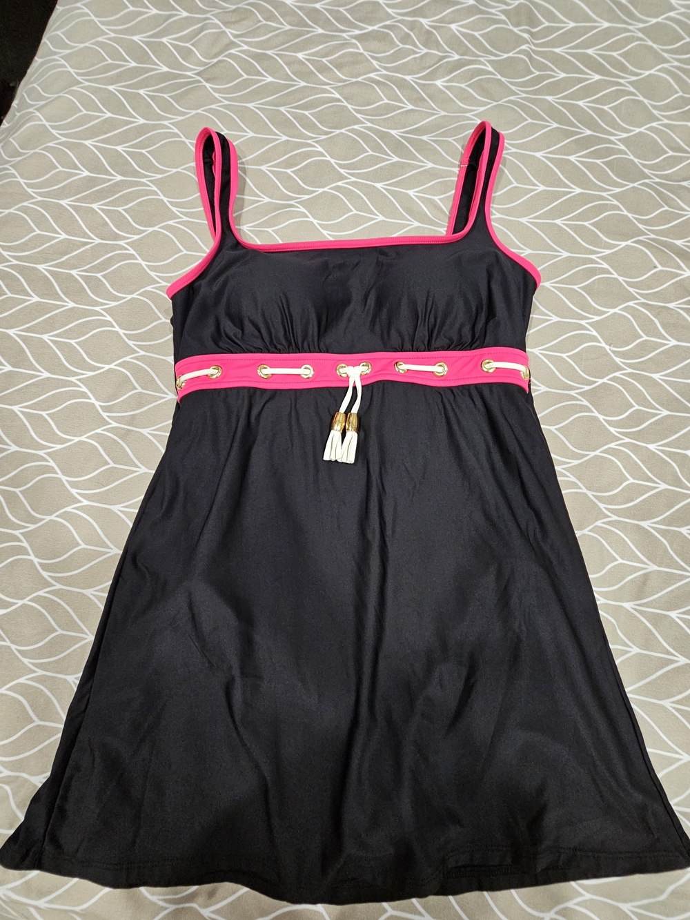 Black One-Piece Swim Dress with Pink Trim